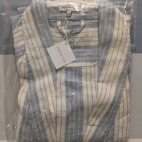 Linen Porto Bath Robe Blue Stripe - Serena & Lily - Picture 3 of 3